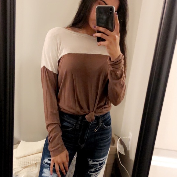 Zenana Outfitters Tops - Tan Color Block Long Sleeve Shirt